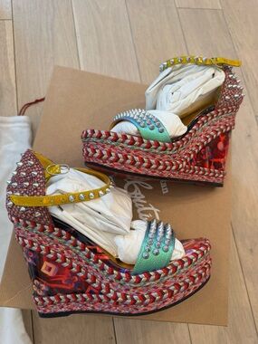 Christian Louboutin Multicolor Studded Braided Wedge Sandals